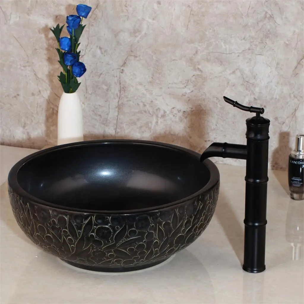 Basin Sink Set A Monite Black Handpaint художественный керамический сосуд для ванной раковины набор с черным покрытием чайник носик кран для ванной комнаты дизайн смеситель для раковины кран - Цвет: Basin Sink Set A