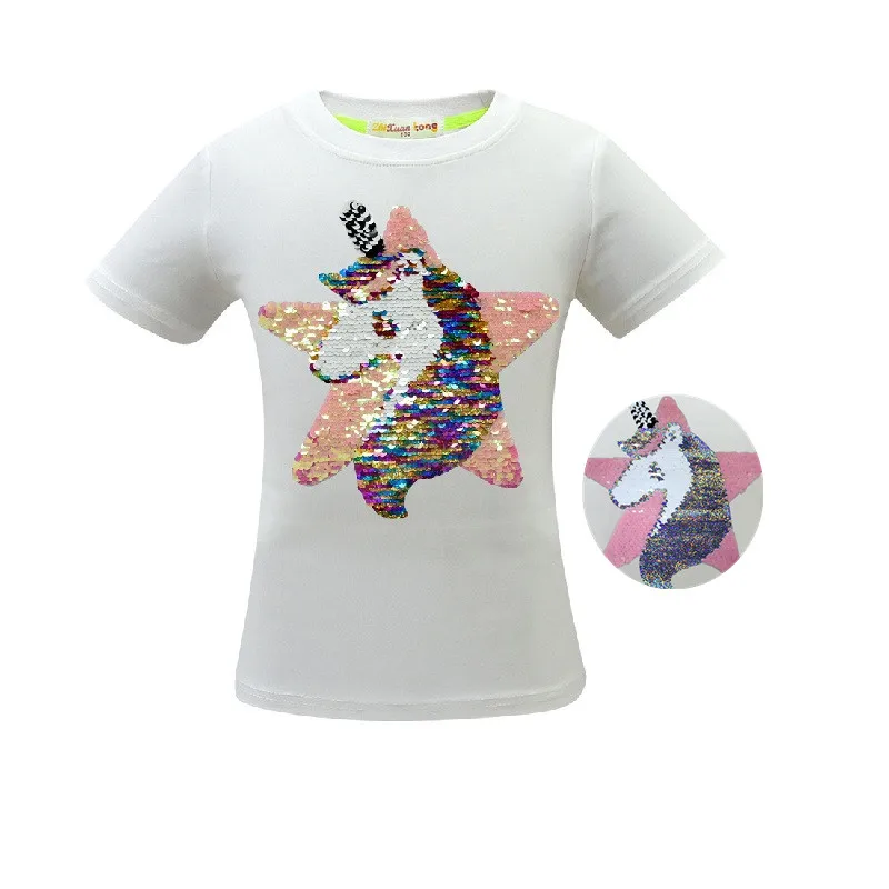 3486 White Футболка с единорогом летняя одежда для маленьких девочек Camiseta Unicornio, футболка топы для девочек, Femme, Детская футболка, Enfant, для дня рождения, цветная, с блестками - Цвет: 3486 White
