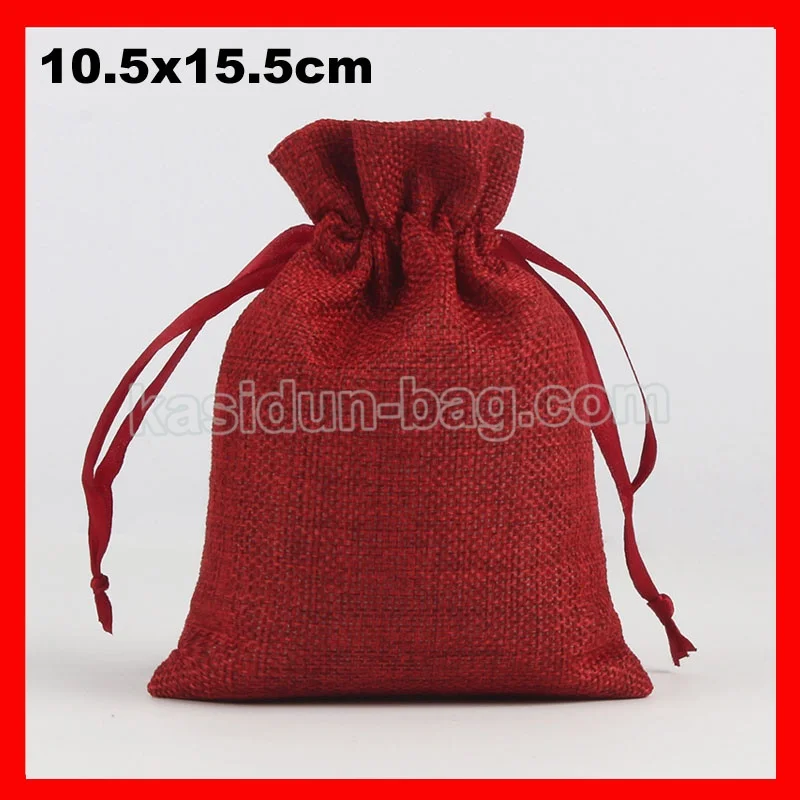 100pcs/lot size 10.5x15.5cm small wine red  linen jute drawstring bag for wedding gift packaging