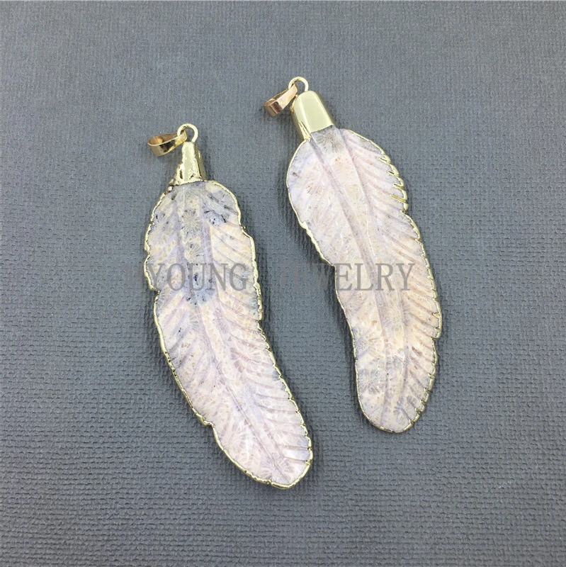 

MY0987 Natural Carved Chrysanthemum Stone Feather Shape Pendant Gold Color Leaf Pendant Charm