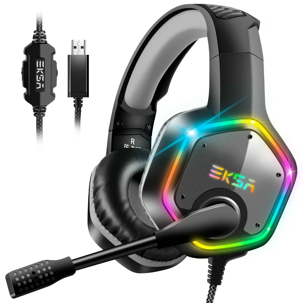 EKSA E1000 7,1 Surround Sound Gaming Headset С микрофоном для PS4/Xbox Один/PC Gamer стерео USB проводных наушников RGB светодиодный светильник - Цвет: Gray