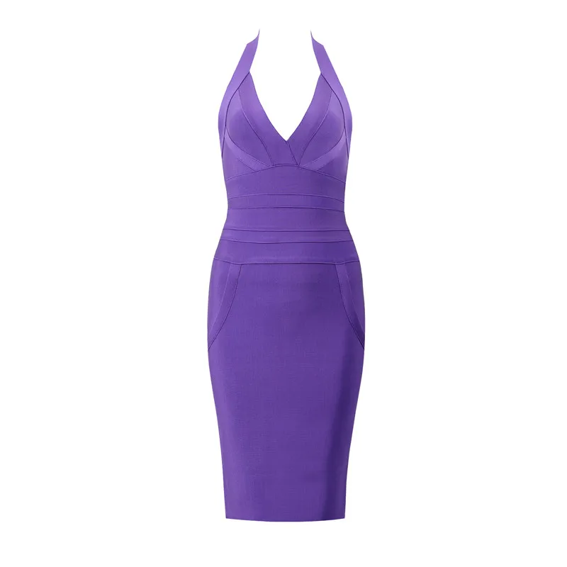 Vestido Celebrity Sexy Halter V-Neck Sleeveless Purple Rose Pink Bodycon Bandage Women's Dress Elegant Night Party | Женская одежда
