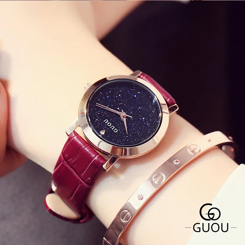 Роскошные модные Лидирующий бренд GUOU женские блестящие Кварцевые Часы наручные