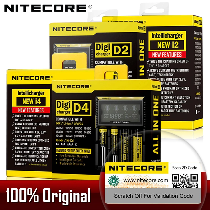 Зарядное устройство Nitecore D4, D2, I4, I2, Digicharger, с ЖК-дисплеем, с интеллектуальным контуром, полная гарантия, для батарей Li-Ion, 18650, 14500, 16340, 26650