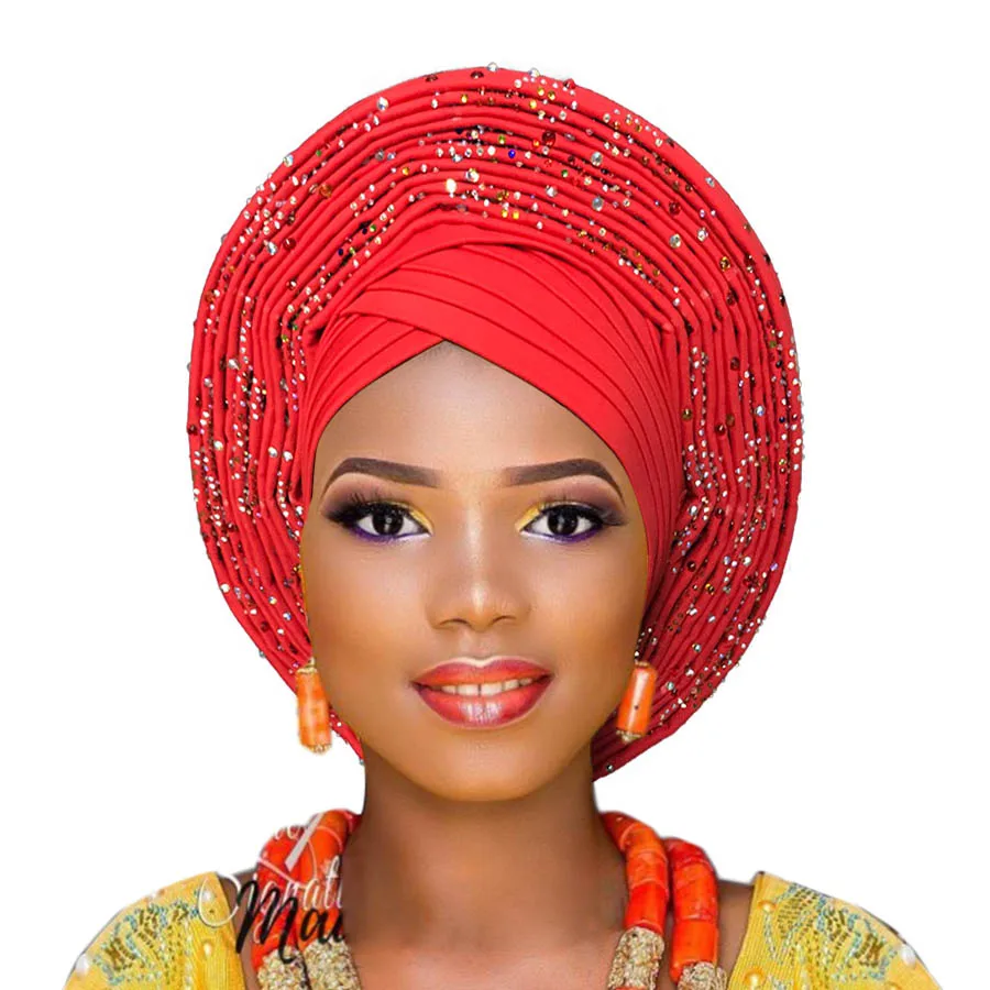 2019 Новая Мода Африканский Авто тюрбан ASO OKE с камнями для свадьбы|Ткань| |