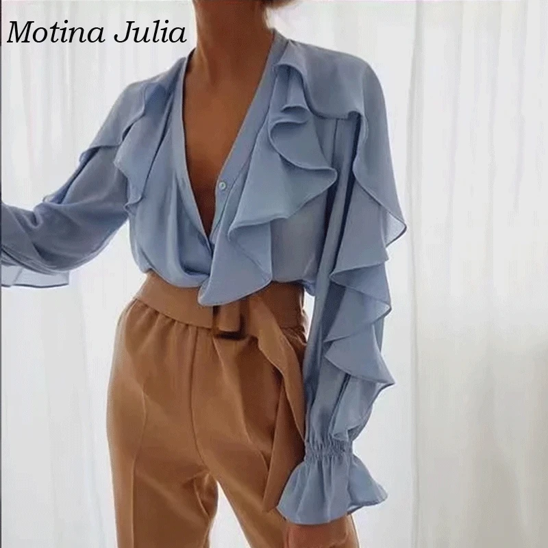 Мотина Юлия chic рюшами женские блузки рубашки 2019 Новинка весны v образным вырезом