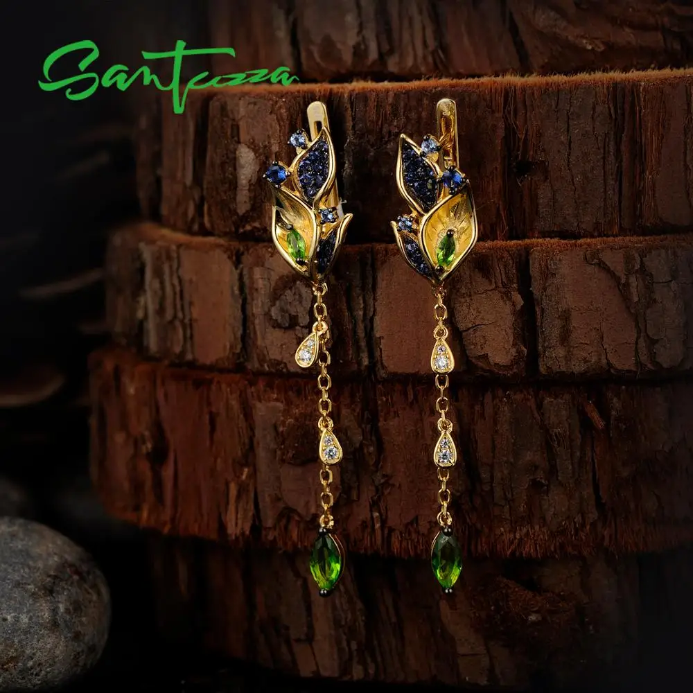 SANTUZZA, серебряные серьги для женщин, 925 пробы, Серебряные Листья, висячие серьги, золотой цвет, синий нано кубический цирконий, модное ювелирное изделие