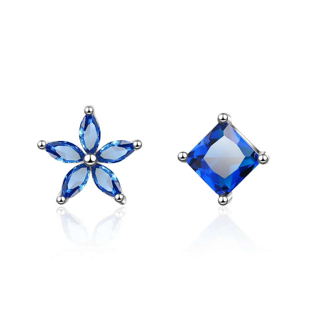 

Elegant Asymmetric Blue Cubic Zirconia Flower 925 Sterling Silver Ladies`Stud Earrings Wholesale Jewellery For Women Female Girl