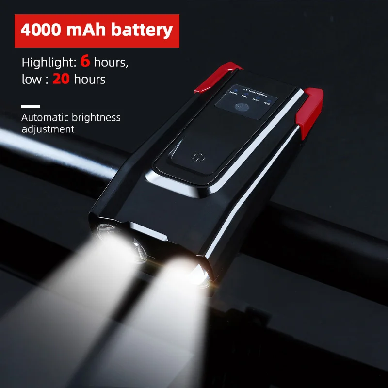 4000mAhBlack Red Велосипедный звонок с светильник 2000mAh 4000mAh перезаряжаемый 800 люмен светодиодный передний светильник для велосипеда - Цвет: 4000mAhBlack Red