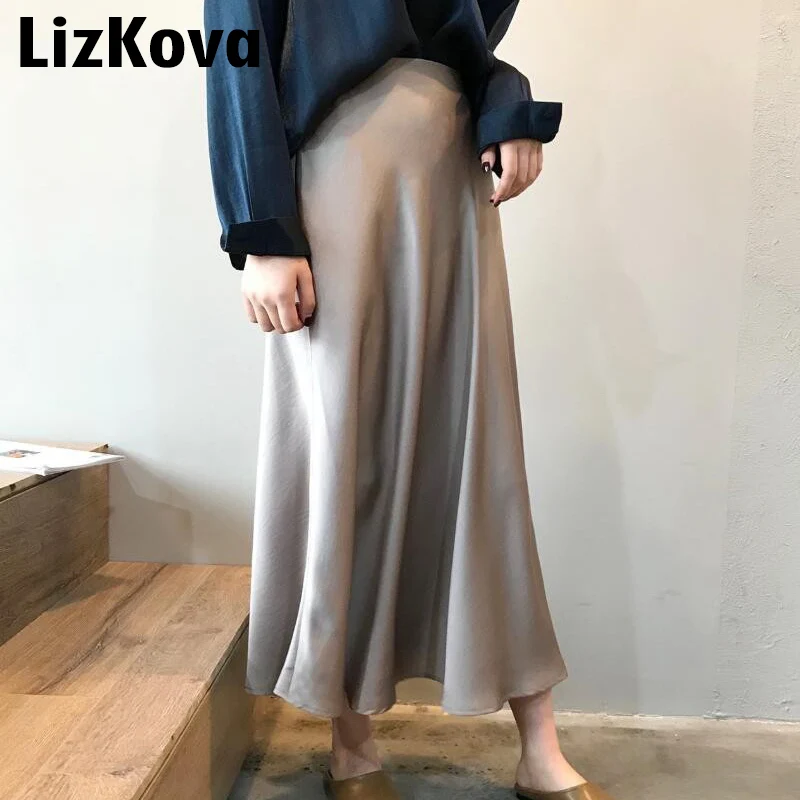 

2020 Spring Simmer Women High Waist Satin Skirt Metallic Color Long Skirt Shiny Silk Imitation Midi Skirt