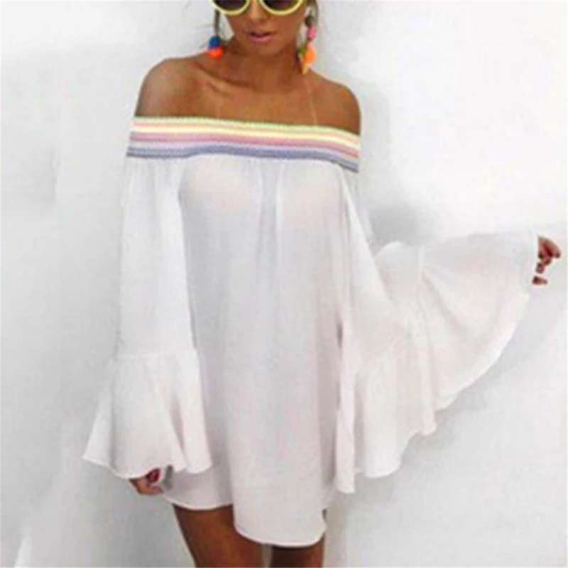 Летнее платье женское сексуальное с открытыми плечами роговыми рукавами