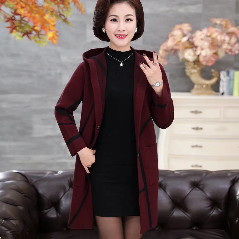 wine red Осень зима размера плюс 4XL женский элегантный Свободный вязаный кардиган средней длины с капюшоном свитер мать среднего возраста повседневное пальто X14 - Цвет: wine red