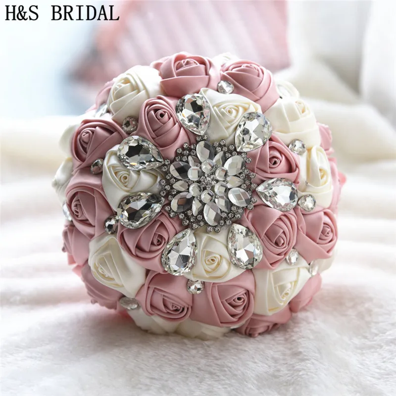 H & S свадебный атласный букет цвета слоновой кости с белыми кристаллами зеленый