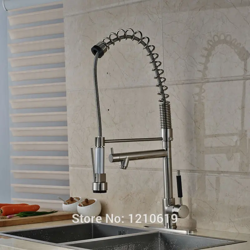 Никелевый матовый кухонный пружинный кран с креплением на палубе вытяжной носик