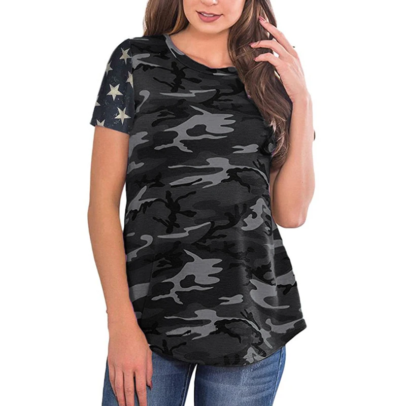 Летняя футболка женская с коротким рукавом камуфляжная звезда лоскутный принт