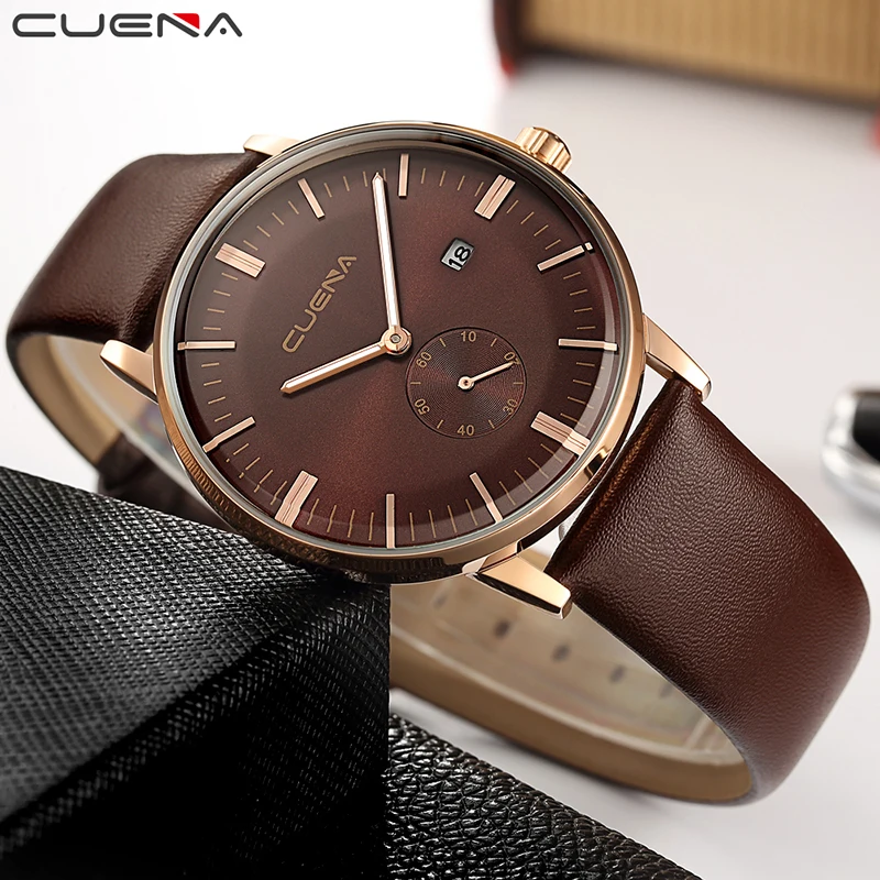 CUENA Роскошные брендовые Мужская Мода кварцевые часы Для мужчин Повседневное кожа