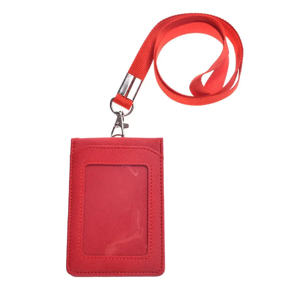 Red Leather Wallet Work Office ID Card Credit Card Badge Holder+ Lanyard+ 5 Slots Bank Card Holders ID Badge Holders Accessories - Color: Red