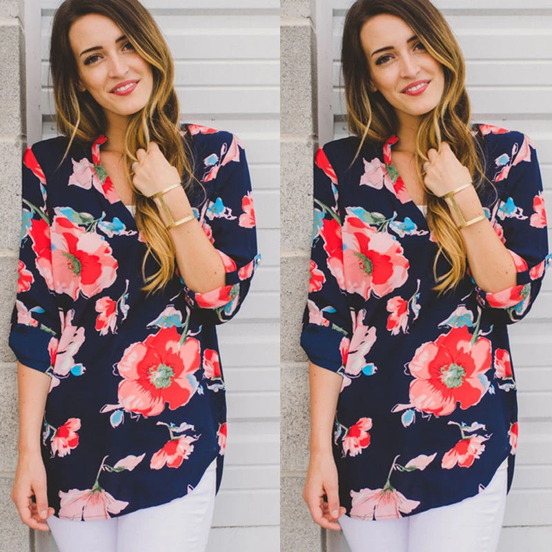 

fashion Women autumn Chiffon Floral Print Shirt Casual Blouse long sleeve v-neck Loose long asymmetrical Tops