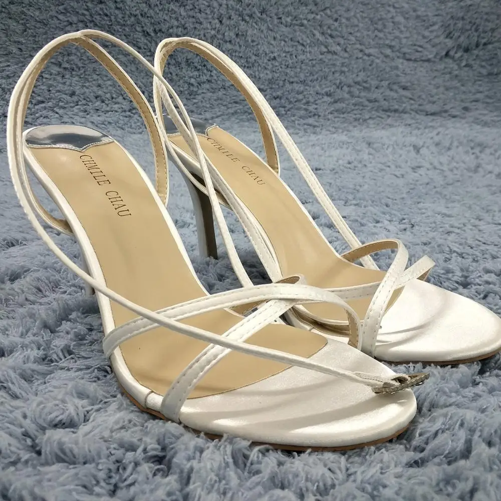 

Women Stiletto Thin High Heel Sandal Sexy Ankle Strap Open Toe Ivory Satin Wedding Party Bridals Ball Lady Shoe 158-a