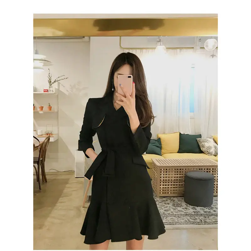 

Autumn 2019 New Korean Jacket Office Ladies Blazer Dress Ruffled Slim Sexy Bodycon Dress Pink Black Blazer Mujer Robe Belt f1308