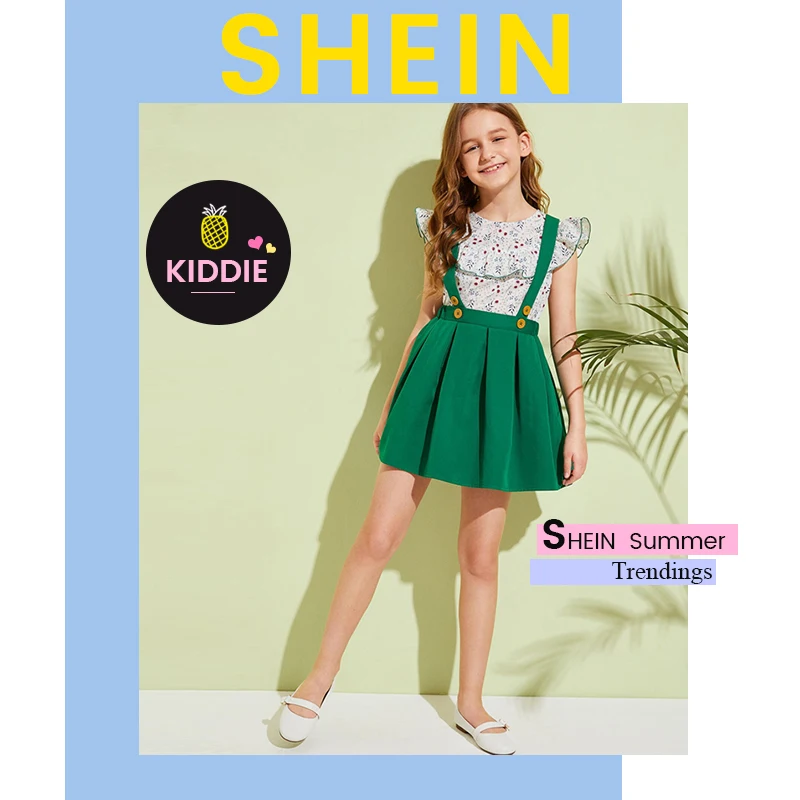 SHEIN/детский топ с рюшами и цветочным рисунком для девочек и плиссированная юбка-сарафан милый комплект г. Летняя одежда с рукавами-крылышками и перекрещивающимися сзади