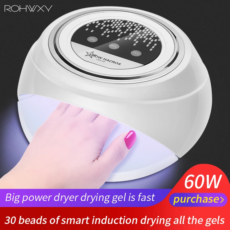 Rohwxy 60 Вт лампа UV гель для ногтей маникюр Smart Сенсор Кнопка Tone светодио дный Экран