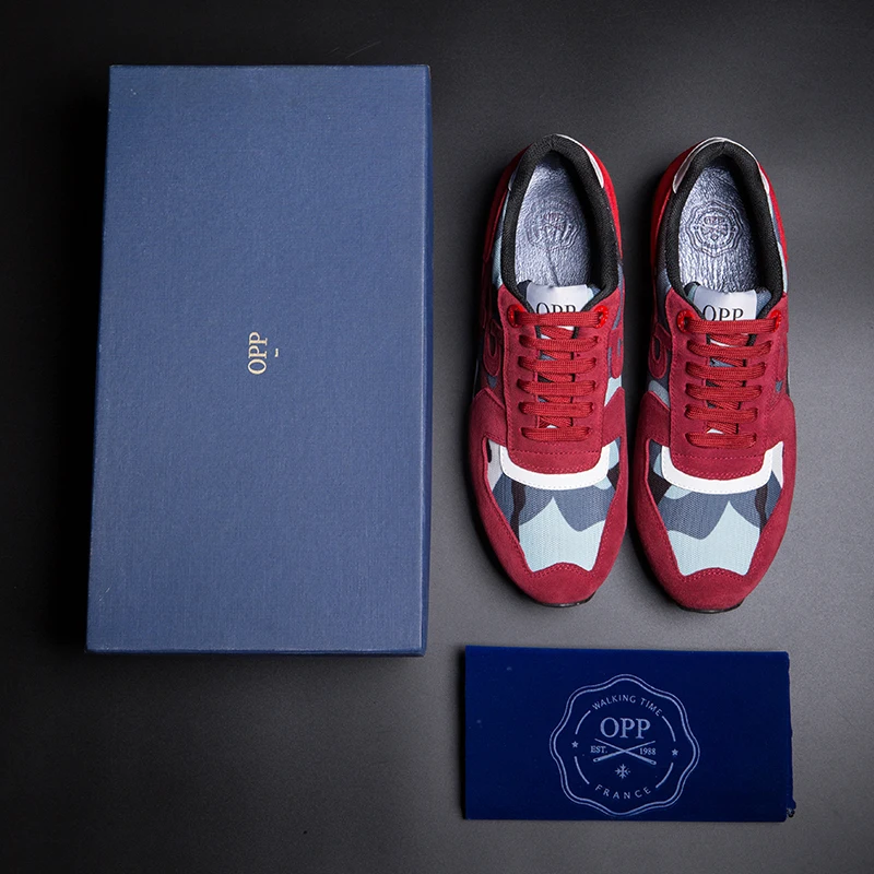 Мужские кроссовки в стиле милитари OPP красные камуфляжные из натуральной кожи на