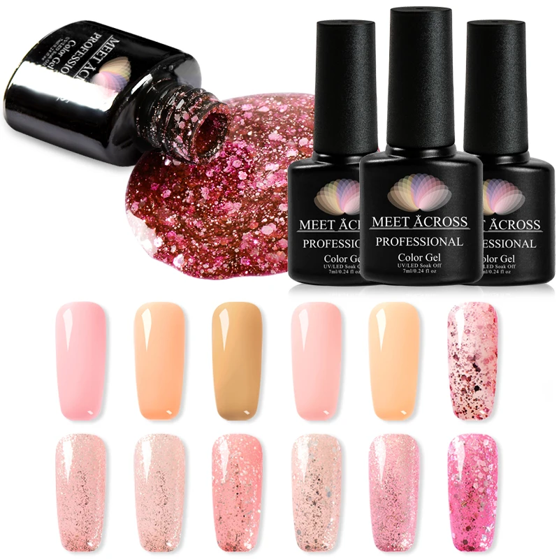 MEET ACROSS 7ml Rose Gold Series Nail Art Manicure Gel Polish Glitter Semi Permanent Soak off UV Lacquer | Красота и здоровье