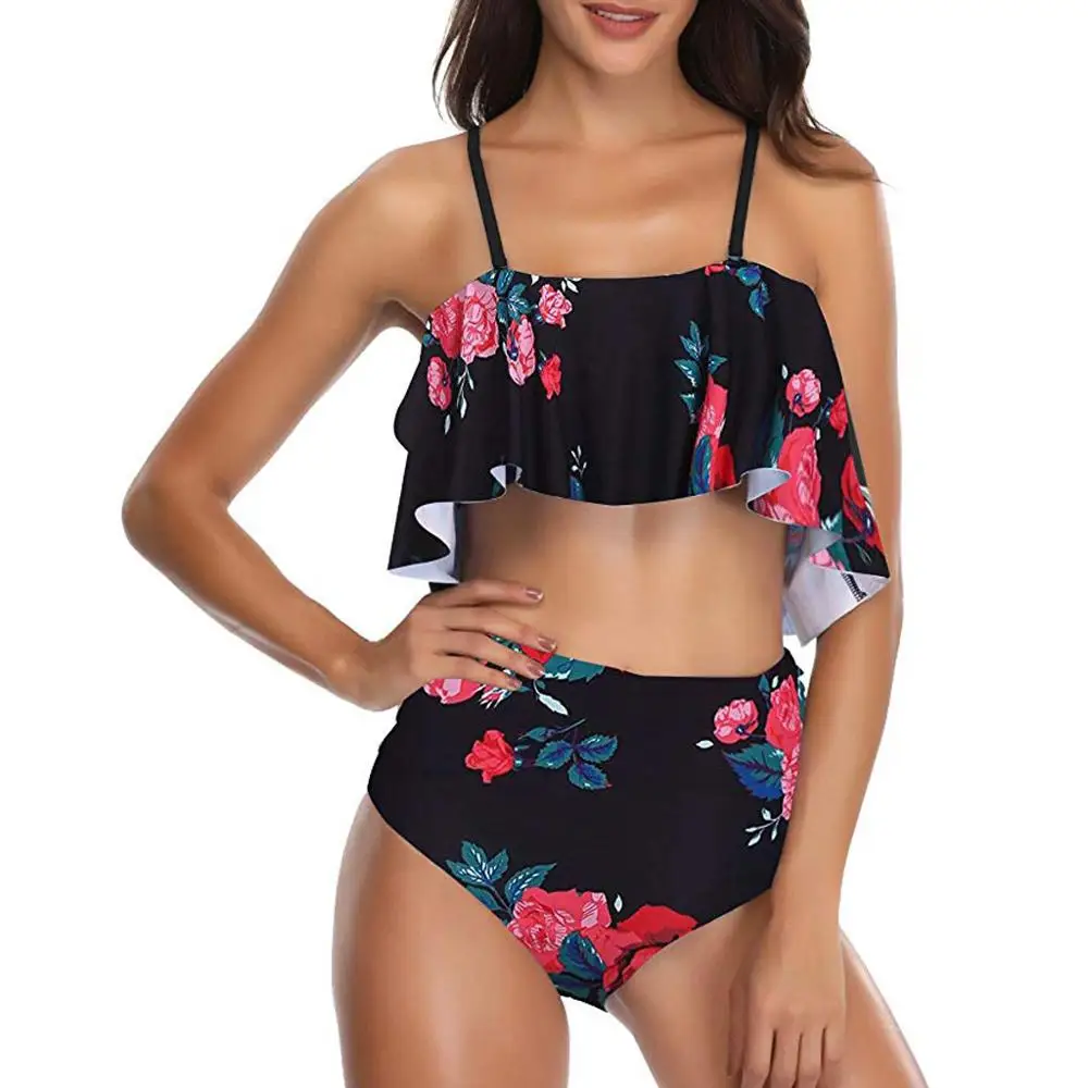 Женский комплект бикини с оборками купальники высокой талией купальник