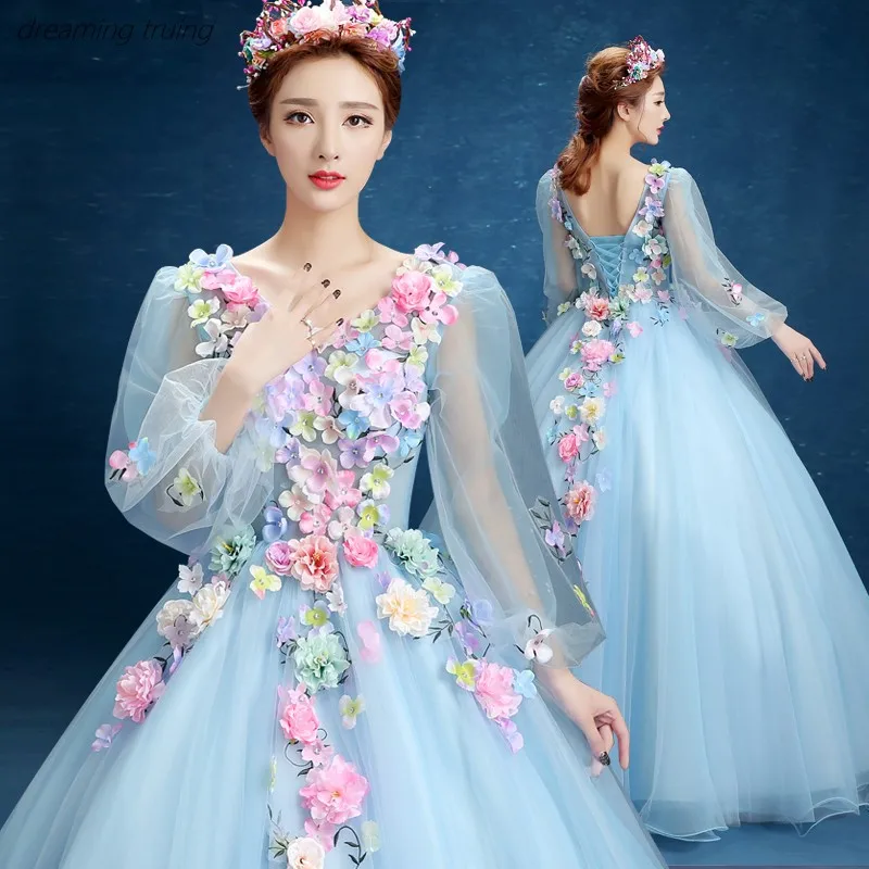 Платья синего цвета с длинным рукавом и цветным объемным цветком Vestidos De 15 бальное