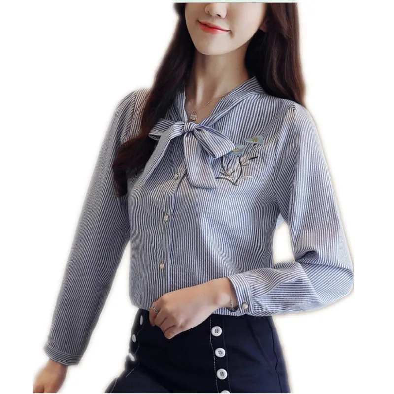

Embroidery Flowers Women Spring Blouse 2019 Autumn Women Short Striped Shirts Button Office Lady Button V-Necl Bow Blouses Q1201