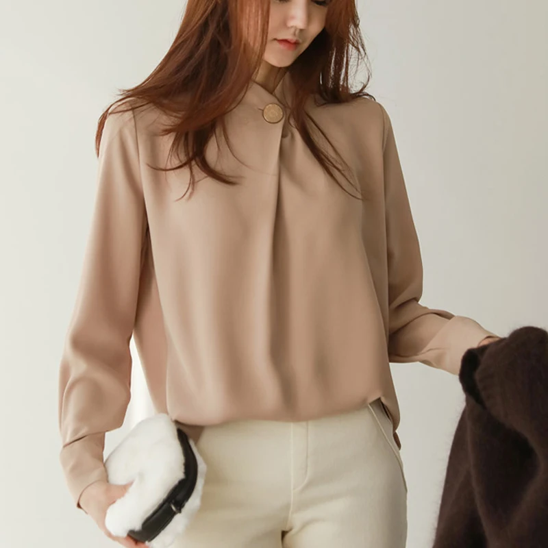 Blusas mujer de moda, винтажный шифоновый свитер, осенняя стильная женская блузка, рубашка с длинным рукавом и стоячим воротником, Свободная блуза 1478 45 - Цвет: CAMEL