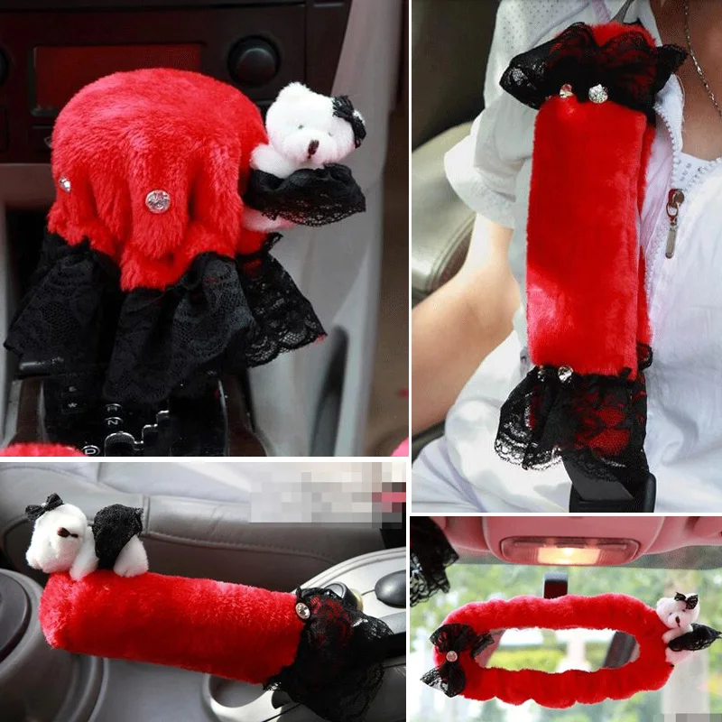 

5pcs/ set Cute Bear Car Seat Covers Interior Accessories Lace Plush Handbrake Gear Covers Car Shoulder Pads Car Styling