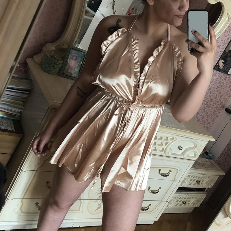 Women Sexy V-Neck Backless Pajamas Shorts Dresses One Piece Home Clothes Jumpsuits Satin Sleep Underwear Loungewear 6Q2628 |