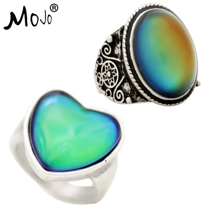 

2PCS Antique Silver Plated Color Changing Mood Rings Changing Color Temperature Emotion Feeling Rings Set For Women/Men 004-056