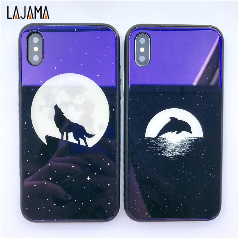 Lajama Luxury Blue Ray Wolf Tempered Glass Phone Case for iPhone 6 6S 7 8 Plus light Back Cover iphone X |