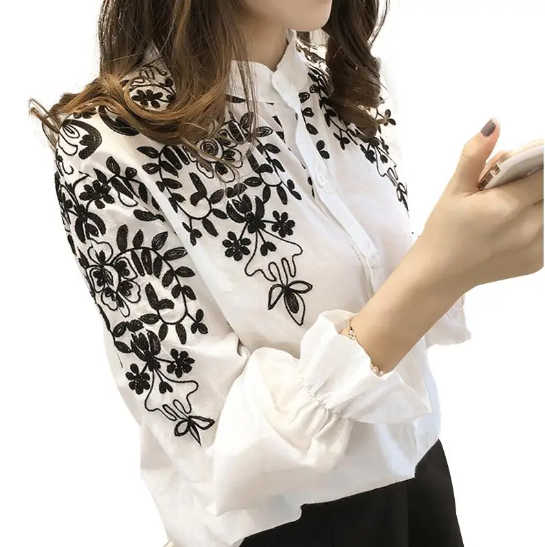 Блузка с вышивкой хлопковое нижнее белье женская блузка camisas femininas белые черные