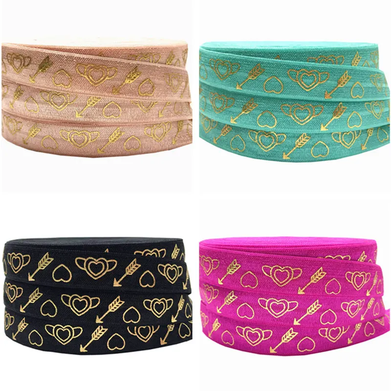 

5/8"16MM Arrow Heart Print Fold Over Elastic Ribbon Gold Foil Elastic Band Handmade Hair Accessories Decoration 10Yards