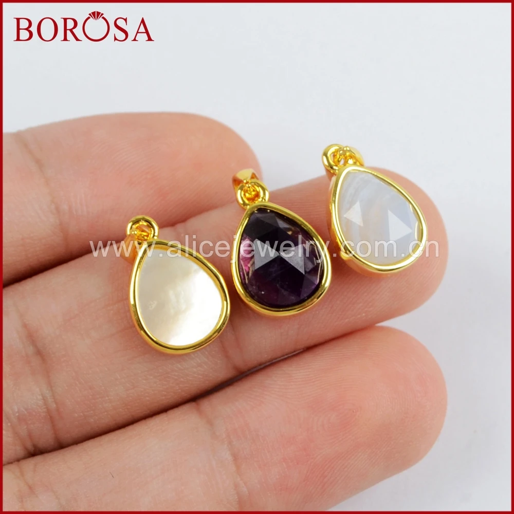 

BOROSA 10pcs Drop Multi-kind Faceted Stones Pendant Beads Gold Color Natural Amethysts Shell Opal Pendants for Making WX988