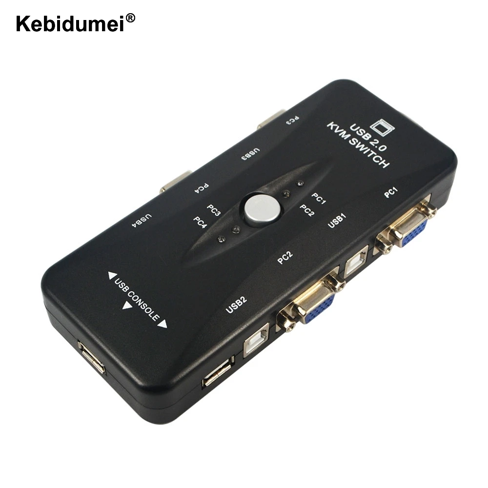

Kebidumei 4-портовый концентратор USB 2,0 KVM, коммутатор VGA переключатель SVGA Box, адаптер, принтер, клавиатура, мышь, 4 компьютера, используют 1 монитор