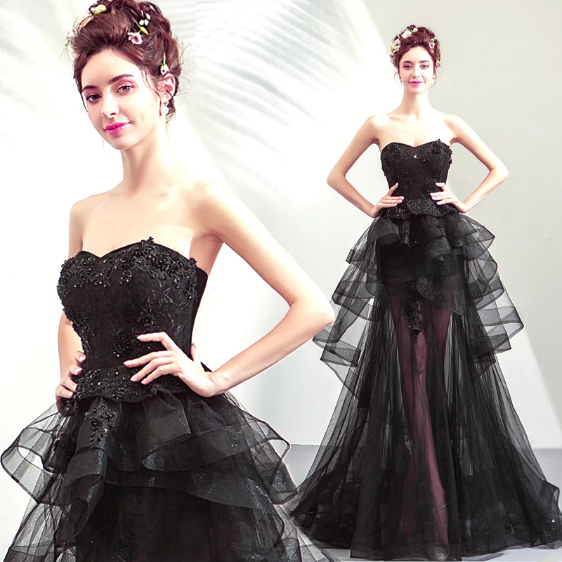 Sexy Black Prom Dresses Sweetheart Neckline See Through Tiered Skirt Formal Party 2019 New Special Occasion Gowns | Свадьбы и