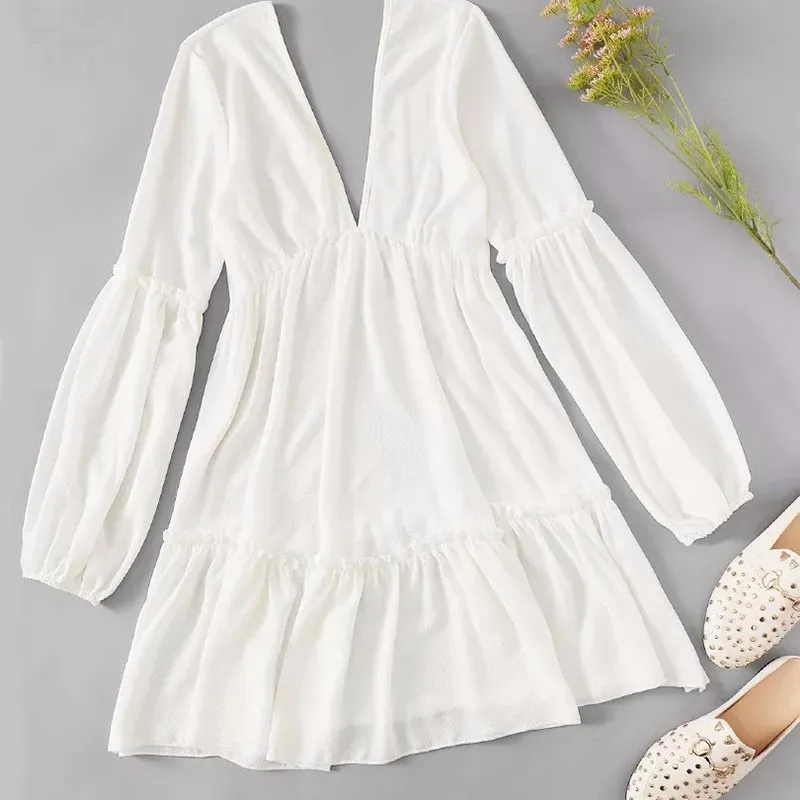 Sexy White Deep V Neck Backless Party Dress Women Solid Long Lantern Sleeves Office Lady Mini Dresses Spring Summer Casual | Женская