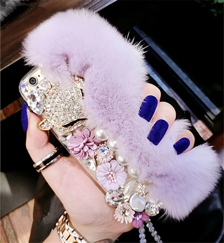 For Xiaomi Redmi 8 9 8A 9A 9C 10X Pro Note 8T 9T 10 4G 5G Cute Soft Fluffy Rabbit Fur Hair Bling Diamond TPU Phone Case | Мобильные