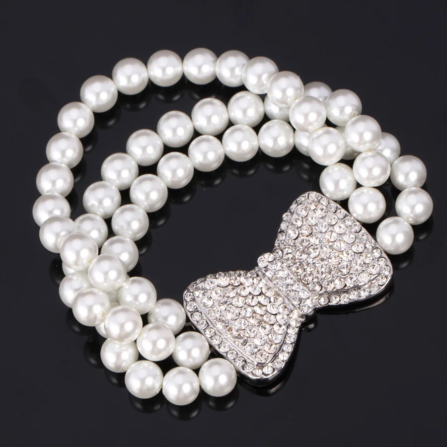 

Bracelet Simulated Pearl Bead Jewelry Bow knot Elegant Woman Clear Rhinestone High Quality Bracelet Wedding Accessories H726