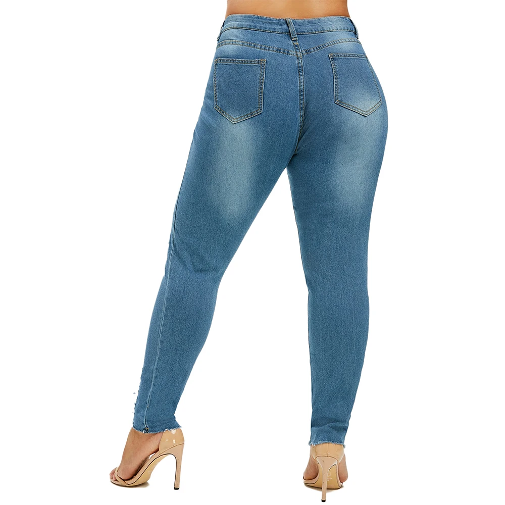 Wipalo Women Ripped Raw Hem Plus Size Jeans Mid Waist Skinny Denim Pencil Pants Big 5XL Ladies Casual Female Trousers | Женская одежда