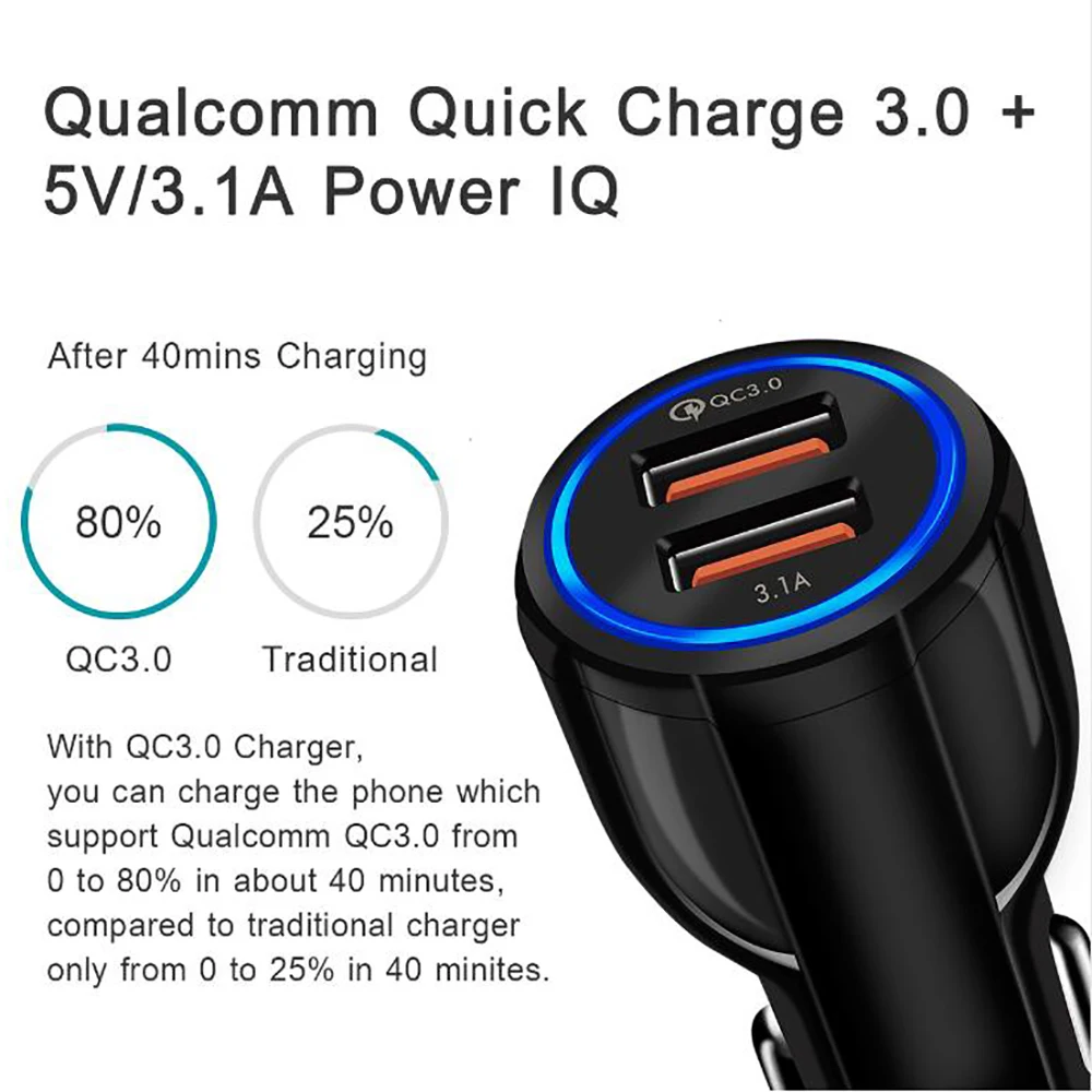 Автомобильное зарядное устройство Quick Charge 3 0 для телефона автомобильное с двумя
