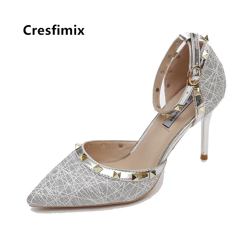 Cresfimix mujer tacones altos для женщин Соблазнительные туфли с серебряными заклепками на