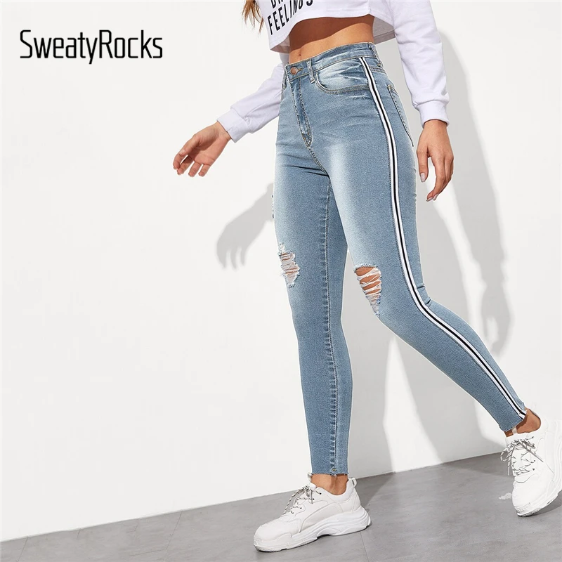 SweatyRocks, в полоску, с боковыми рваными краями, обтягивающие джинсы для отдыха, эластичные длинные джинсовые штаны,, Весенняя женская уличная одежда, повседневные синие джинсы