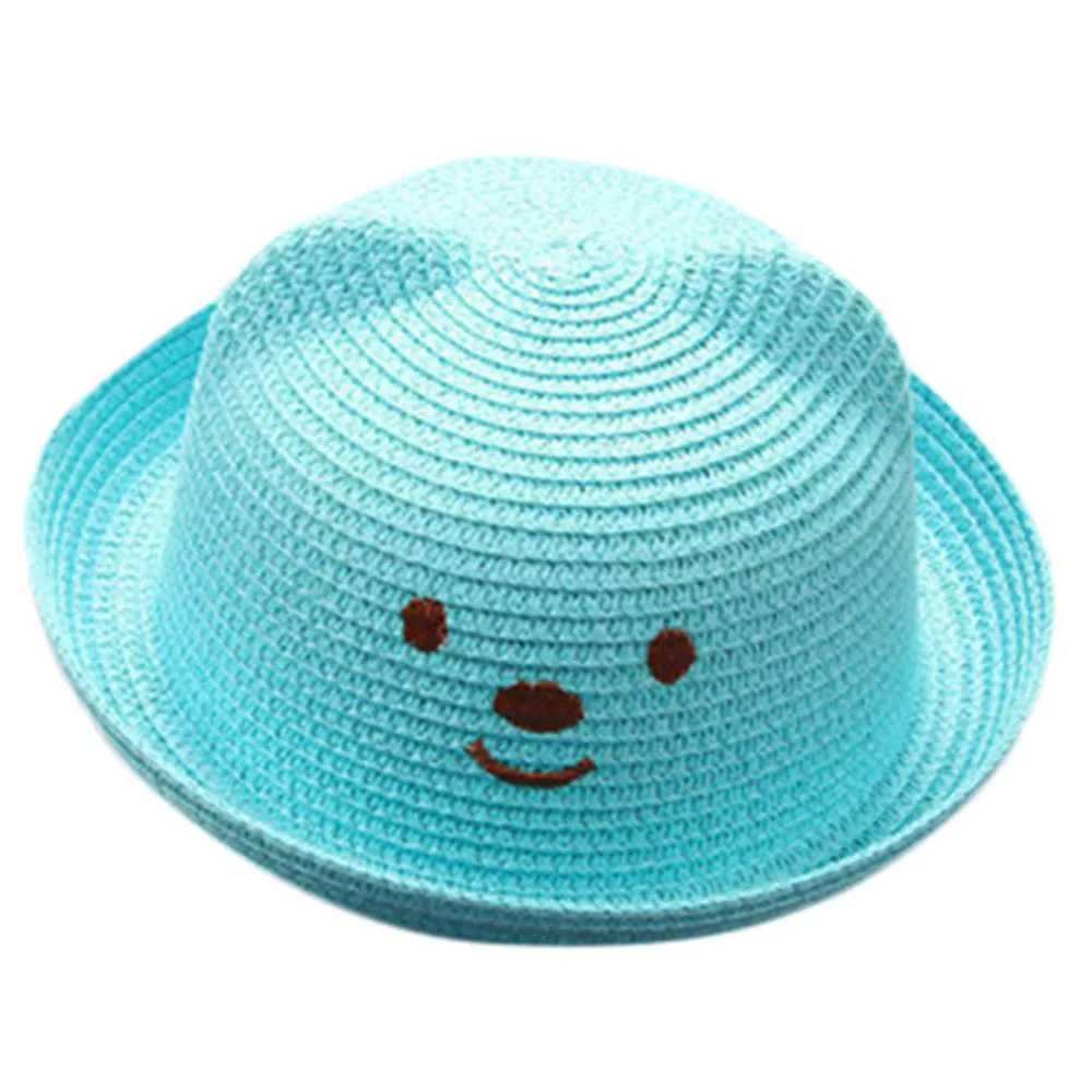 Sky Blue Летняя детская шапочка, детская дышащая шляпа с рисунком, детская соломенная шляпа с кошачьими ушками, милые однотонные Детские шапки для мальчиков и девочек - Цвет: Sky Blue