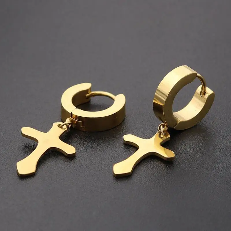 High Polish 24K Gold Cross Clip Hoop Huggie Earrings For Women |